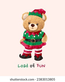 load of dun slogan with cute girly bear doll in elf custume vector illustration svg