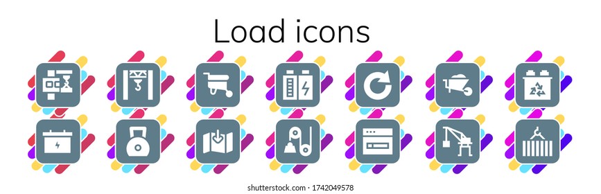 load icon set. 14 filled load icons. Included Crane, Battery, Weight, Wheelbarrow, Download, Pulley, Redo icons