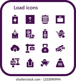 load icon set. 16 filled load icons.  Simple modern icons about  - Battery, Upload, Pulley, Weight, Crane, Wait, Wheelbarrow, Cloud download