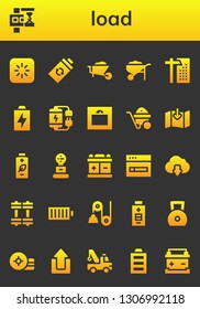 load icon set. 26 filled load icons.  Collection Of - Loading, Crane, Battery, Wheelbarrow, Weight, Download, Cloud download, Weights, Full battery, Pulley, Upload