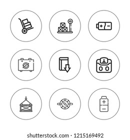 Load icon set. collection of 9 outline load icons with battery, download, loader, loading, weight icons. editable icons.