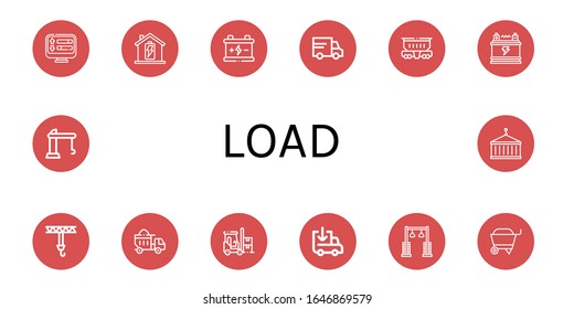 load icon set. Collection of Load, Battery, Lorry, Freight wagon, Crane, Dumper, Forklift, Loading, Pulley, Wheelbarrow icons