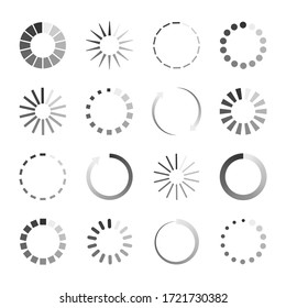 Load icons. Process of wait on digital screen. Bar of circular elements for loading. Buffering download. Progress in speed upload. Countdown of time in status loader. Symbol for app, interface. Vector