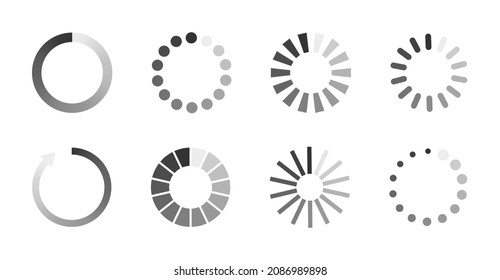 Load icons. Process of wait on digital screen. Bar of circular elements for loading. Buffering download. Progress in speed upload. Countdown of time in status loader. Symbol for app, interface. Vector