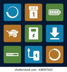 Load icons set. set of 9 load filled icons such as wheelbarrow, baterry, download, battery, washing machine on sale