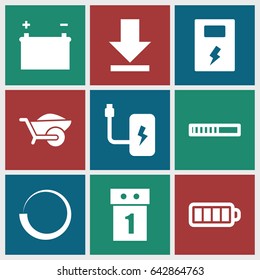Load icons set. set of 9 load filled icons such as wheelbarrow, baterry, download, battery, washing machine on sale