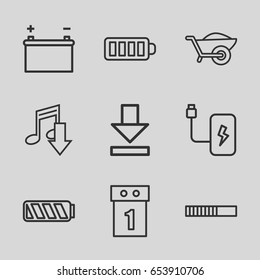 Load icons set. set of 9 load outline icons such as wheelbarrow, baterry, download, battery, washing machine on sale, loading