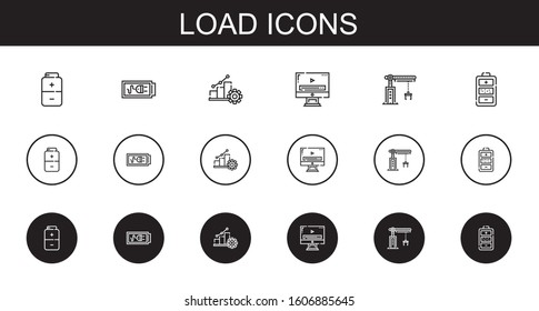 load icons set. Collection of load with battery, progress, video player, crane. Editable and scalable load icons.