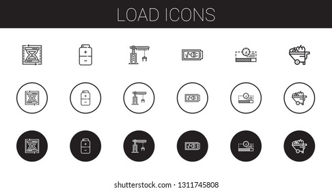 load icons set. Collection of load with load time, battery, crane, progress bar, wheelbarrow. Editable and scalable icons.