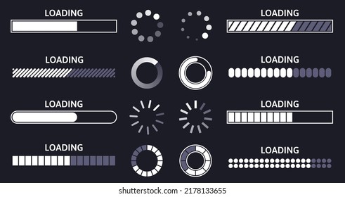 Load indicator. Loading status bar, round buffer download progress and line upload or file transfer waiting bars vector symbols set. Circle and line visualization elements collection svg