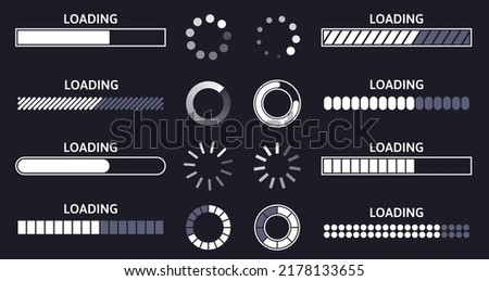 Load indicator. Loading status bar, round buffer download progress and line upload or file transfer waiting bars vector symbols set. Circle and line visualization elements collection Foto d'archivio © 