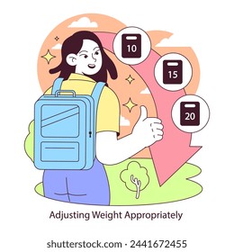 Load management concept. A rucking enthusiast demonstrates how to adjust backpack weight for an optimal fitness experience, aiming for comfort and endurance. Flat vector illustration.