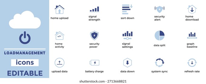 Load Management Icons Pack Smart Home Energy, Battery Charge, Upload Download, Signal, Sync Editable Vectors