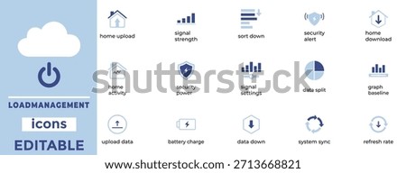 Load Management Icons Pack Smart Home Energy, Battery Charge, Upload Download, Signal, Sync Editable Vectors