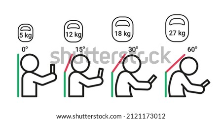 Load on neck and back when posture tilting head with phone, pain of weight, outline. Angle of bending head related to pressure on spine. Stage text neck syndrome. Improper posture and stoop. Vector