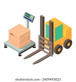 Load operation icon isometric vector. Electro floor scale and warehouse forklift. Warehousing equipment