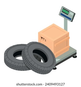 Load operation icon isometric vector. Modern electro floor scale and car tire. Warehousing equipment