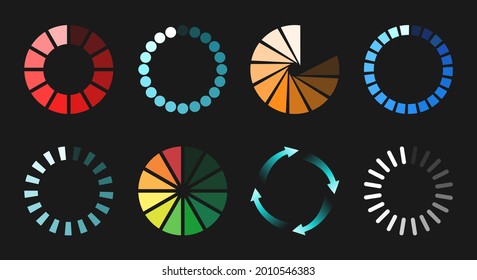 Load page circles. Pc loading digital brightness round icons, color download signs, loaded symbols or computer website loader graphics, simple internet progression circular loaders