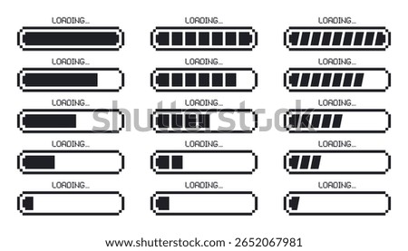 Load pixel bar icons. Battery charging level and loading progress indicators, retro 8 bit game asset of energy and health bars. Vector collection.