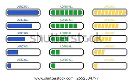Load pixel bar icons. Battery charging level and loading progress indicators, retro 8 bit game asset of energy and health bars. Vector buttons collection.