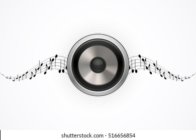 Load speaker illustration on abstract music backdrop, isolated on white