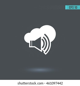 Load speaker vector icon. Cloud pictogram. Graphic symbol for web design, logo.  White glyph on a gray background. Isolated sign. 