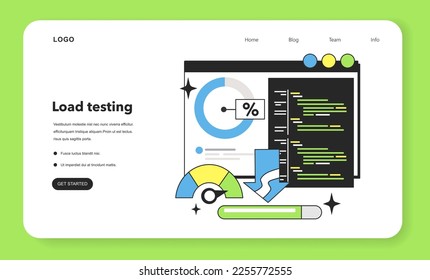 Load testing technique web banner or landing page. Software testing methodology. IT specialist searching for bugs in code. Website and application development. Flat vector illustration