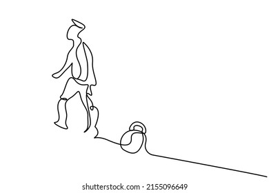 a load is tied with a chain to a person's leg
