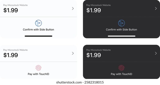 Load Wallet Payment Screen UX UI Template. Total amount merchant. Payment with Biometric in Dark and light mode