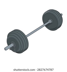 Loaded barbell with multiple weight plates, metal shaft, plate sleeves and spring collars for weightlifting and strength training