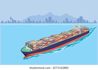 Loaded Cargo ship with Containers across the sea. Global business Import and export maritime logistic service. International Logistics delivery concept vector illustration