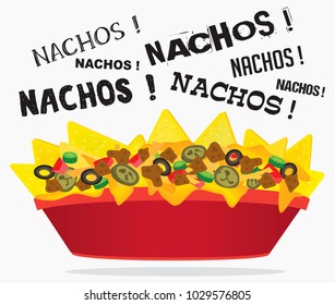 Loaded cheese nacho plate with meat and jalapeno with multiple nacho word text