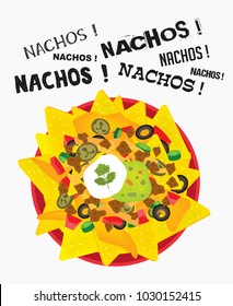 Loaded cheese nacho plate with sour cream and guacamole with multiple nacho word text