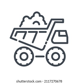 Loaded dump truck line icon  isolated on white transparent background. Construction, building and agriculture symbol.