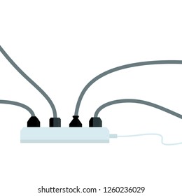 Loaded electrical network. A lot of plugs in the sockets.  Overloading the voltage in the cable. Set of wires for household appliances. Cartoon flat illustration