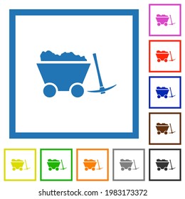 Carro de mina cargado e iconos de color plano en los marcos cuadrados sobre fondo blanco