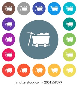 Loaded mine cart and pickaxe flat white icons on round color backgrounds. 17 background color variations are included.