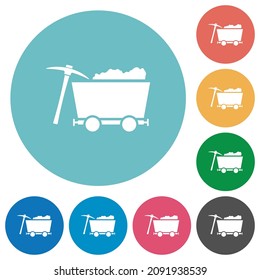 Loaded mine cart and pickaxe flat white icons on round color backgrounds