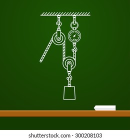 Loaded Movable Pulleys and rope physics drawing on board. School vector illustration. Scientific drawings
