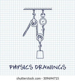 Loaded Movable Pulleys and rope physics drawing on white squared paper sheet background