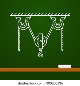 Loaded Movable Pulleys with spring and rope physics drawing on board. School vector illustration. Scientific drawings