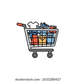 Carrinho de compras carregado com produtos sortidos para vendas on-line e experiência de varejo digital