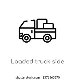 loaded truck side view vector line icon. Simple element illustration. loaded truck side view outline icon from transport concept. Can be used for web and mobile