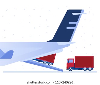 Loaded trucks transportated by airplane. Air delivery, airdrop, freight and air supply, shipping, delivery and logistics concept. Vector illustration on white background.