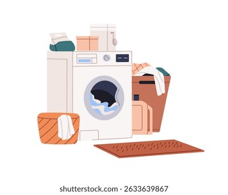 Loaded washing machine works, cleaning dirty clothes. Laundry basket, bottles with detergents in bathroom. Household appliance for housework. Flat isolated vector illustration on white background