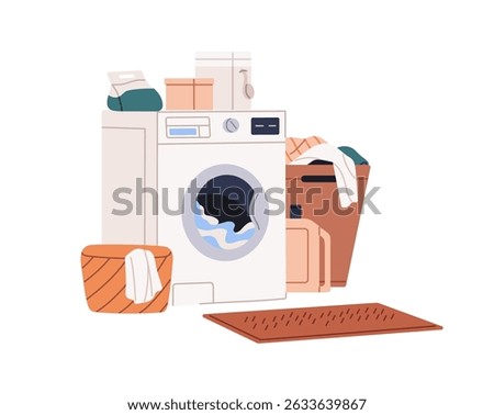 Loaded washing machine works, cleaning dirty clothes. Laundry basket, bottles with detergents in bathroom. Household appliance for housework. Flat isolated vector illustration on white background