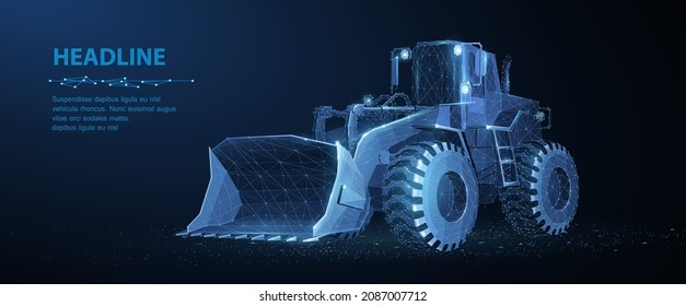 Loader. Abstract 3d wheel heavy loader polygonal illustration on blue. Construction machinery equipment, earth building bulldozer, earthmoving machine technology, industrial construction concept
