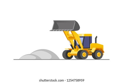 Loader in action at construction site. Vector illustration.