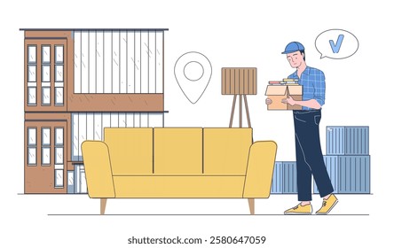 Loader in apartment. Man in uniform with cardboard boxes and sofa. Moving on and relocation. Courier services. Shipping and transportation, delivery. Linear vector illustration