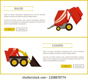 Loader and baler, posters with text sample set. Agricultural machinery for farming works. Agro mechanisms for transporting and compressing vector